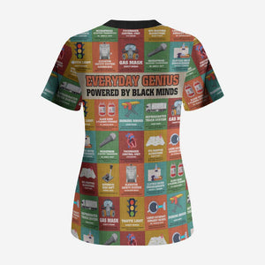 Everyday Genius Powered by Black Minds Scrub Top with Colorful Invention Icons Pattern - African Pride