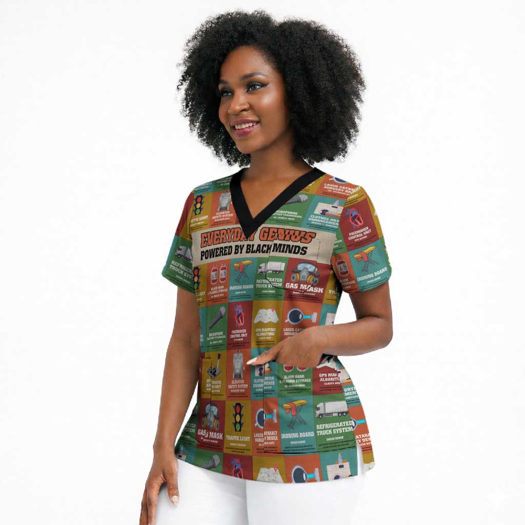 Everyday Genius Powered by Black Minds Scrub Top with Colorful Invention Icons Pattern - African Pride