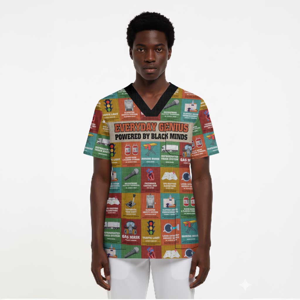 Everyday Genius Powered by Black Minds Scrub Top with Colorful Invention Icons Pattern - African Pride