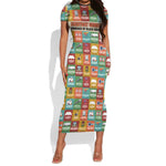 Everyday Genius Powered by Black Minds Short Sleeve Bodycon Dress with Colorful Invention Icons Pattern - African Pride
