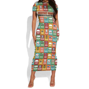 Everyday Genius Powered by Black Minds Short Sleeve Bodycon Dress with Colorful Invention Icons Pattern - African Pride