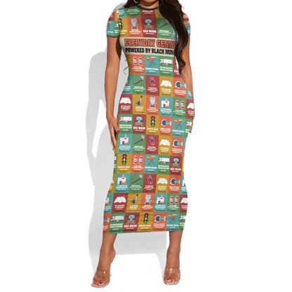 Everyday Genius Powered by Black Minds Short Sleeve Bodycon Dress with Colorful Invention Icons Pattern - African Pride