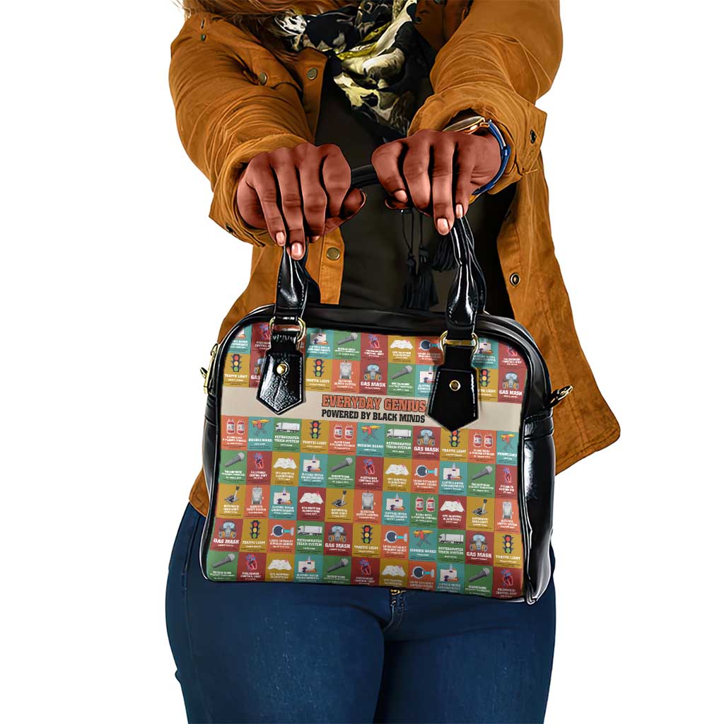 Everyday Genius Powered by Black Minds Shoulder Handbag with Colorful Invention Icons Pattern - African Pride