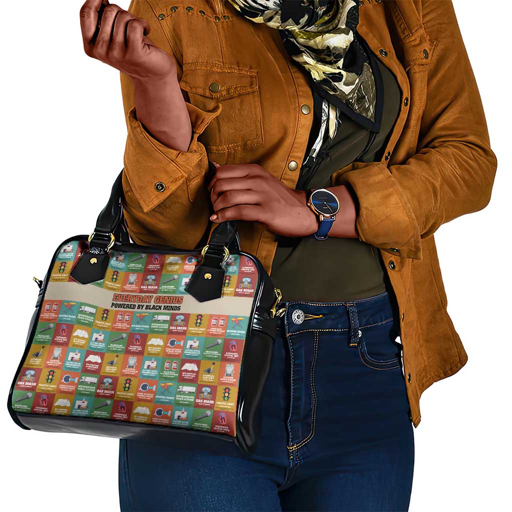 Everyday Genius Powered by Black Minds Shoulder Handbag with Colorful Invention Icons Pattern - African Pride