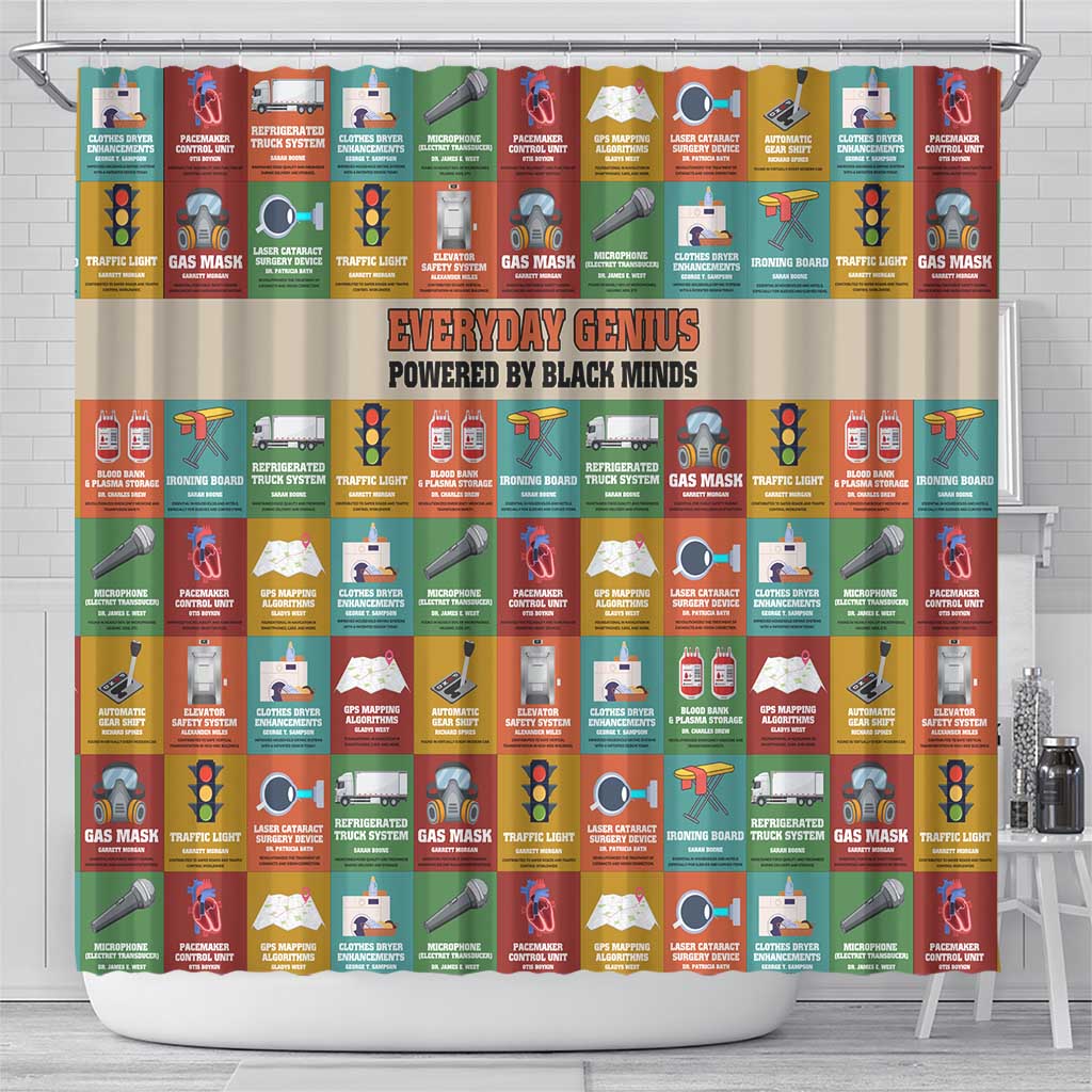 Everyday Genius Powered by Black Minds Shower Curtain with Colorful Invention Icons Pattern - African Pride