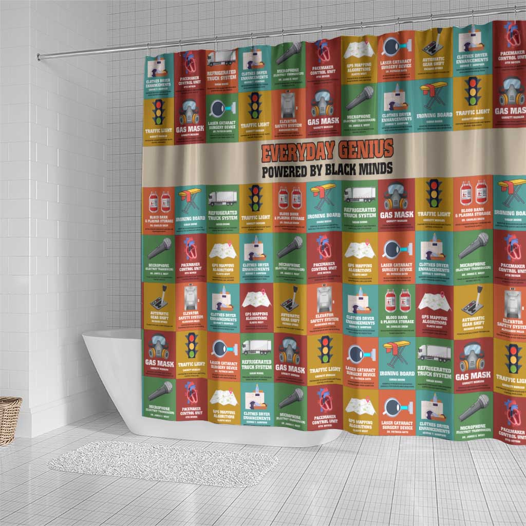 Everyday Genius Powered by Black Minds Shower Curtain with Colorful Invention Icons Pattern - African Pride