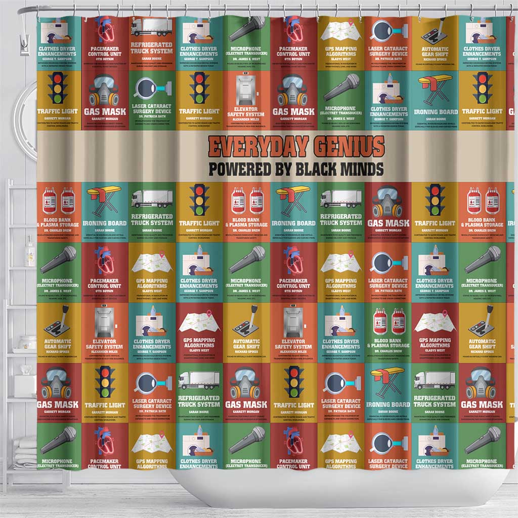 Everyday Genius Powered by Black Minds Shower Curtain with Colorful Invention Icons Pattern - African Pride