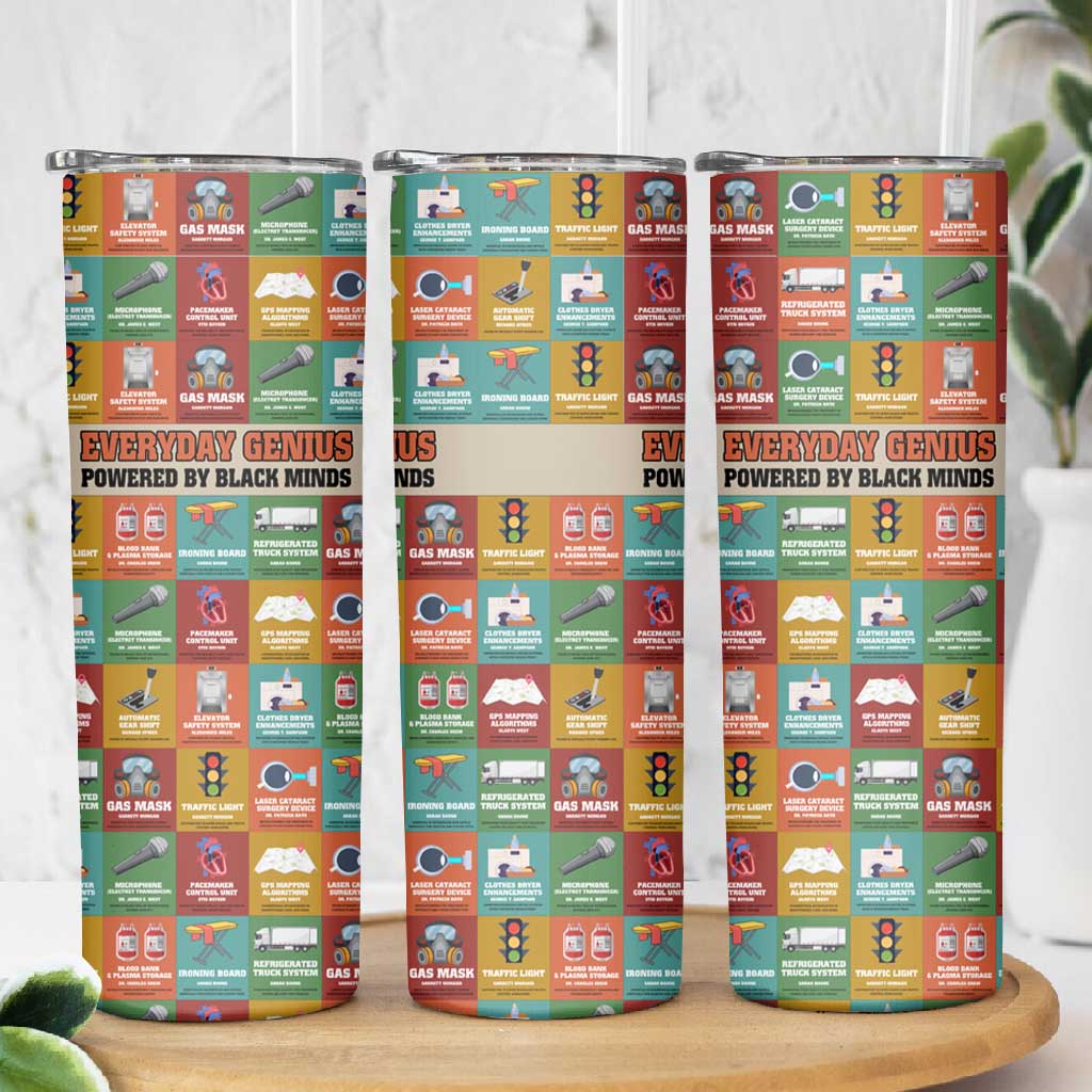 Everyday Genius Powered by Black Minds Skinny Tumbler with Colorful Invention Icons Pattern - African Pride