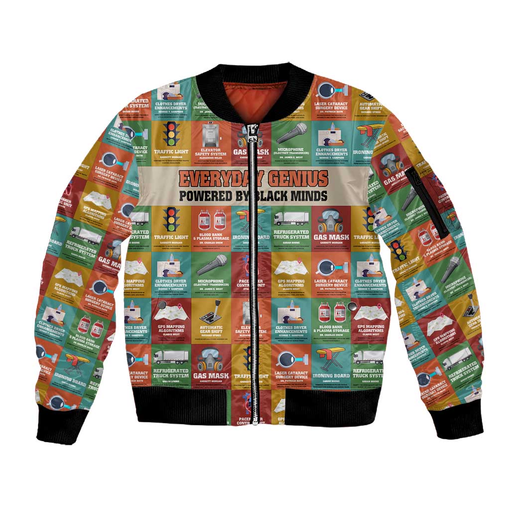 Everyday Genius Powered by Black Minds Sleeve Zip Bomber Jacket with Colorful Invention Icons Pattern - African Pride