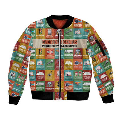 Everyday Genius Powered by Black Minds Sleeve Zip Bomber Jacket with Colorful Invention Icons Pattern - African Pride