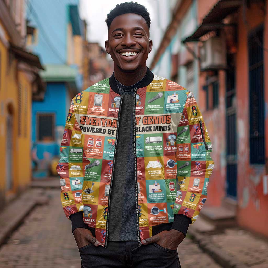 Everyday Genius Powered by Black Minds Sleeve Zip Bomber Jacket with Colorful Invention Icons Pattern - African Pride