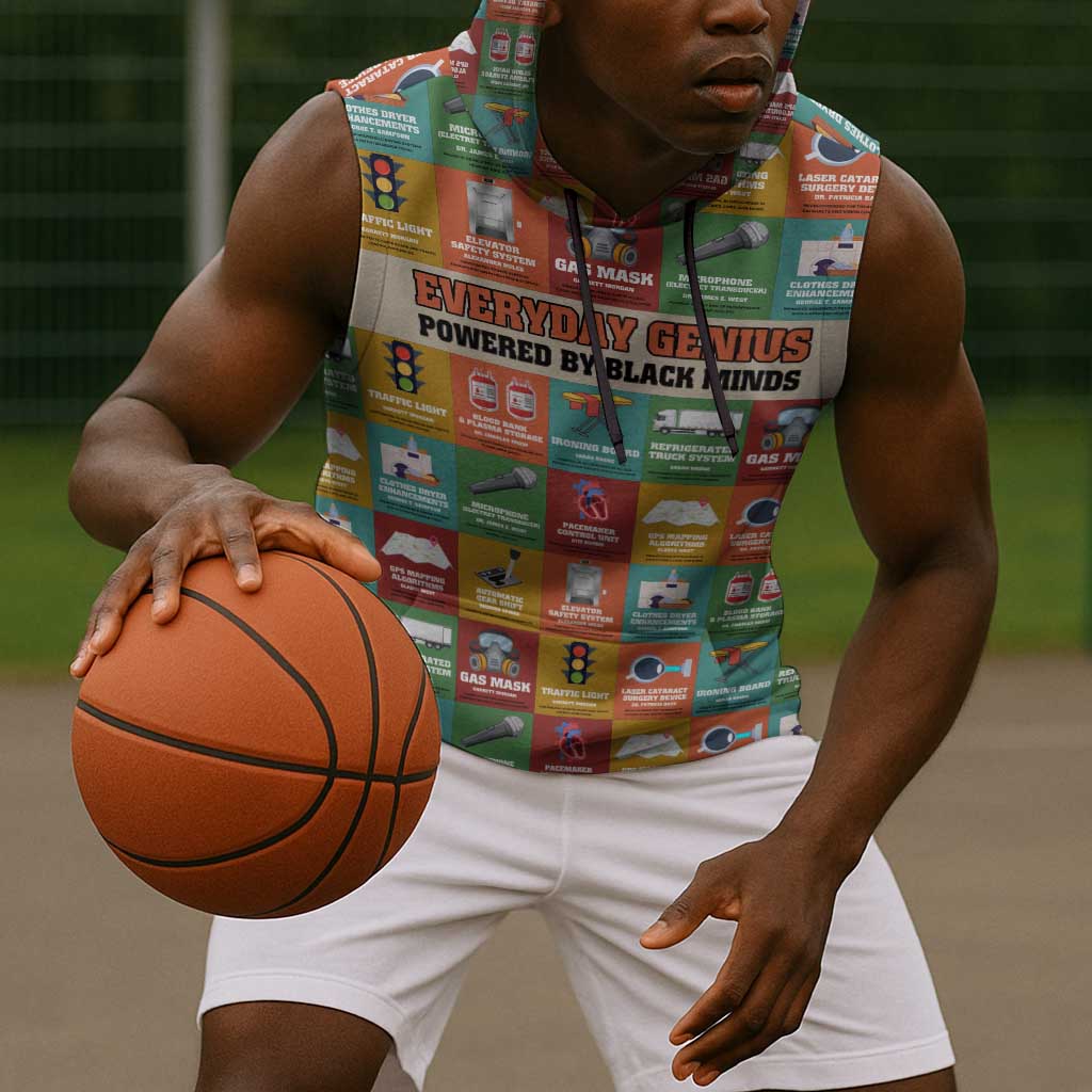 Everyday Genius Powered by Black Minds Sleeveless Hoodie with Colorful Invention Icons Pattern - African Pride