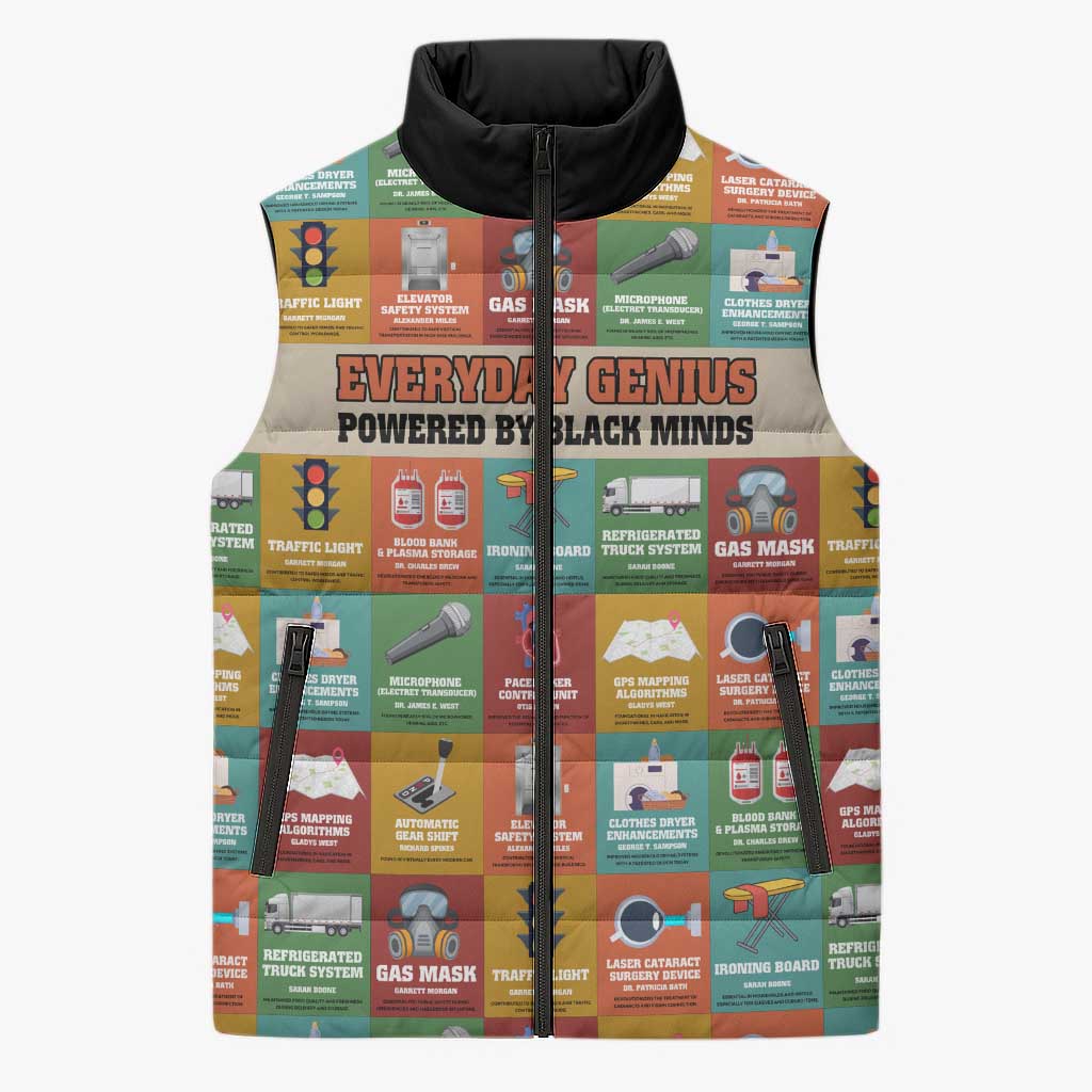 Everyday Genius Powered by Black Minds Sleeveless Puffer Jacket with Colorful Invention Icons Pattern - African Pride