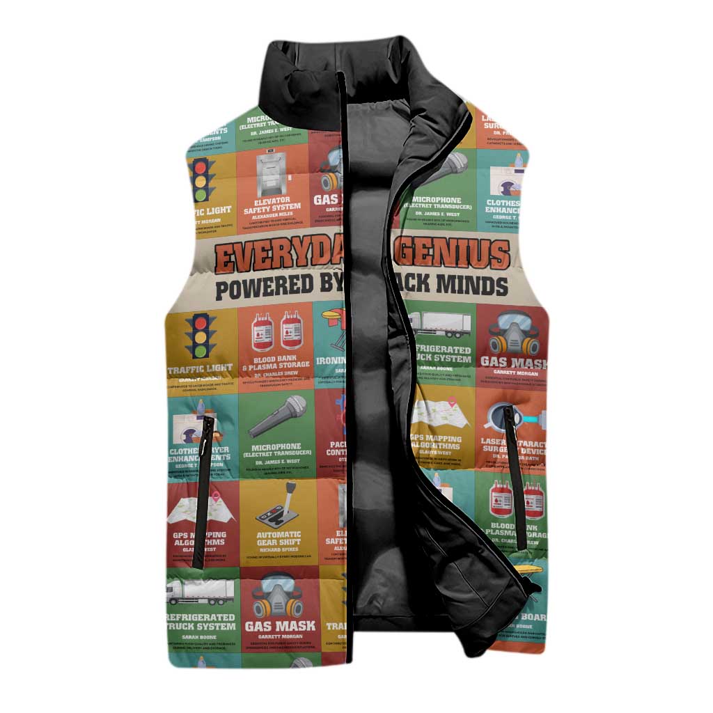 Everyday Genius Powered by Black Minds Sleeveless Puffer Jacket with Colorful Invention Icons Pattern - African Pride
