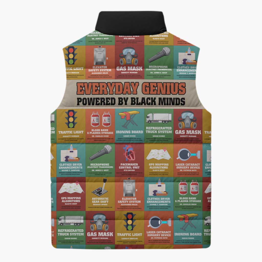Everyday Genius Powered by Black Minds Sleeveless Puffer Jacket with Colorful Invention Icons Pattern - African Pride