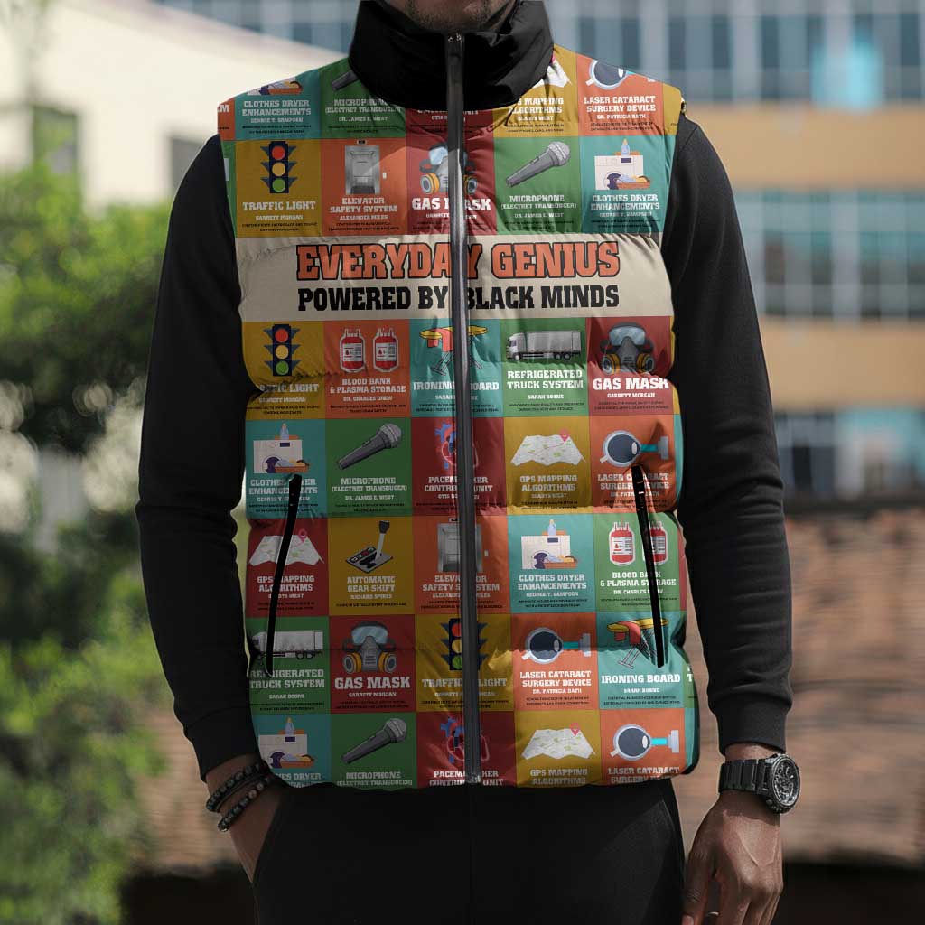 Everyday Genius Powered by Black Minds Sleeveless Puffer Jacket with Colorful Invention Icons Pattern - African Pride