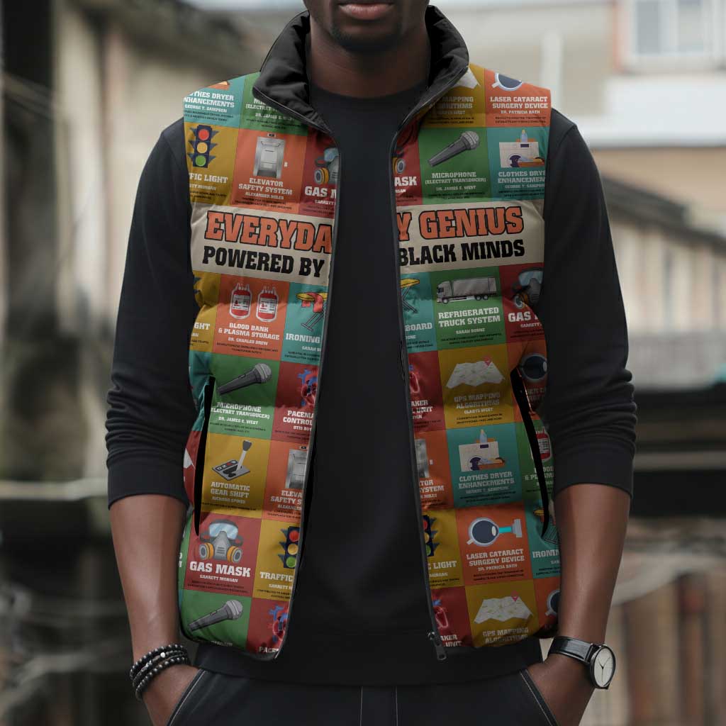 Everyday Genius Powered by Black Minds Sleeveless Puffer Jacket with Colorful Invention Icons Pattern - African Pride