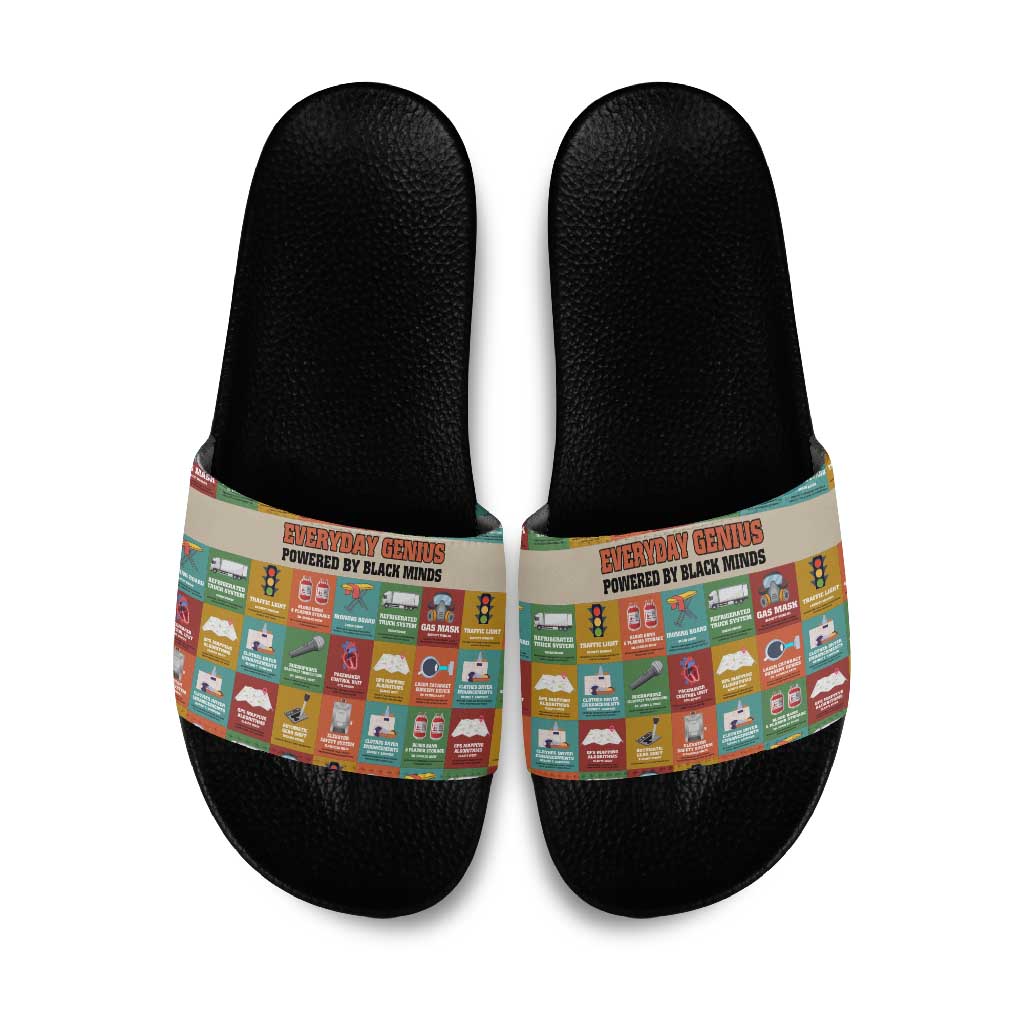 Everyday Genius Powered by Black Minds Slide Sandals with Colorful Invention Icons Pattern - African Pride