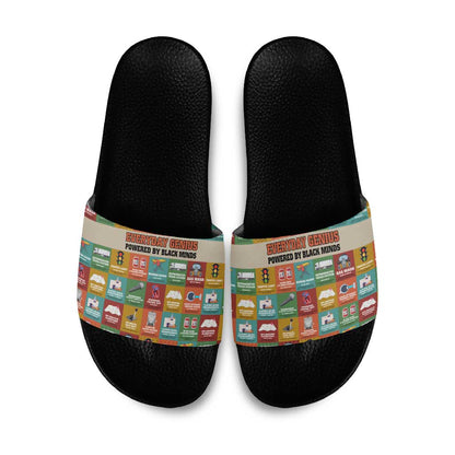 Everyday Genius Powered by Black Minds Slide Sandals with Colorful Invention Icons Pattern - African Pride
