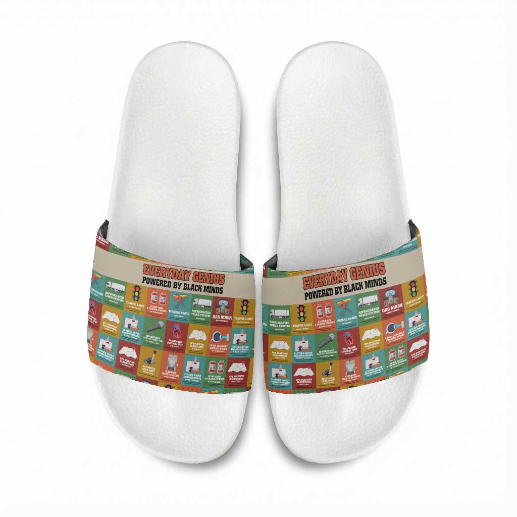 Everyday Genius Powered by Black Minds Slide Sandals with Colorful Invention Icons Pattern - African Pride