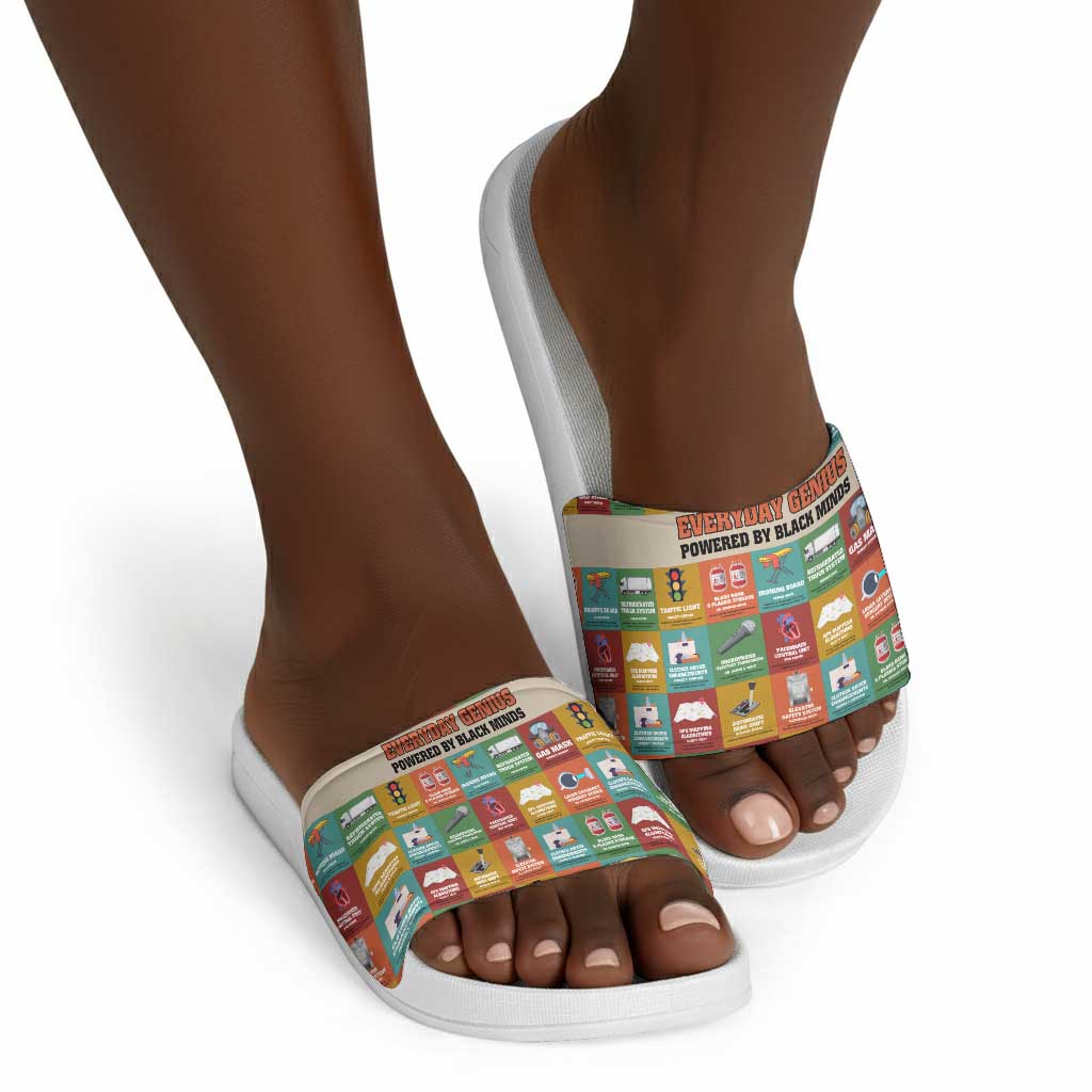 Everyday Genius Powered by Black Minds Slide Sandals with Colorful Invention Icons Pattern - African Pride