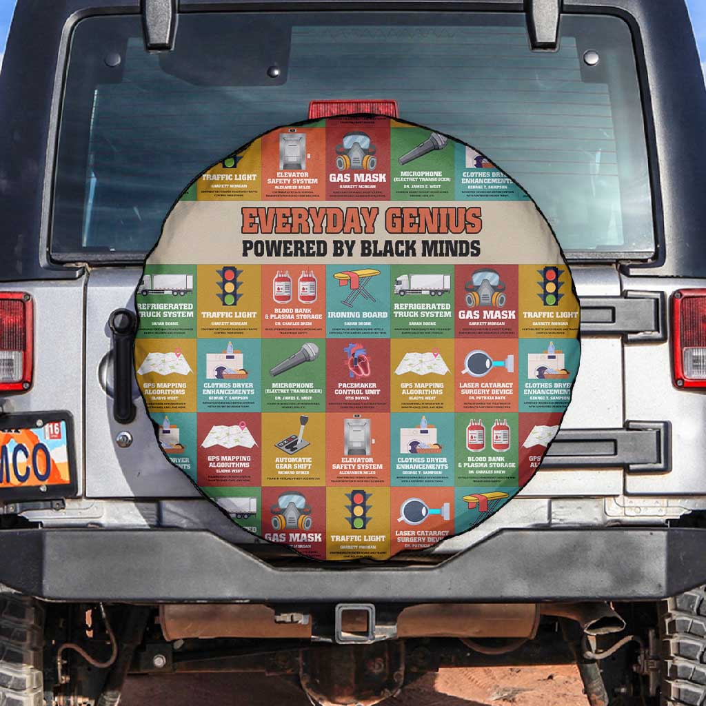 Everyday Genius Powered by Black Minds Spare Tire Cover with Colorful Invention Icons Pattern - African Pride