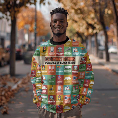 Everyday Genius Powered by Black Minds Sweatshirt with Colorful Invention Icons Pattern - African Pride