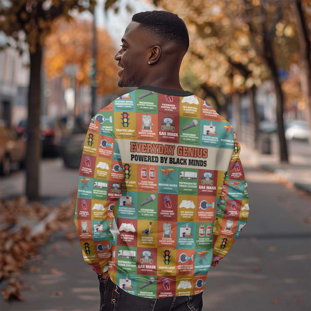 Everyday Genius Powered by Black Minds Sweatshirt with Colorful Invention Icons Pattern - African Pride