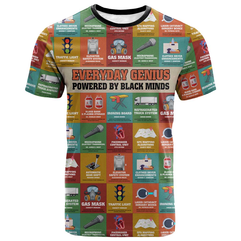 Everyday Genius Powered by Black Minds T shirt with Colorful Invention Icons Pattern - African Pride