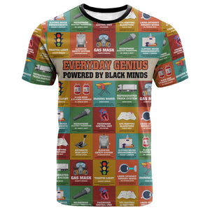 Everyday Genius Powered by Black Minds T shirt with Colorful Invention Icons Pattern - African Pride