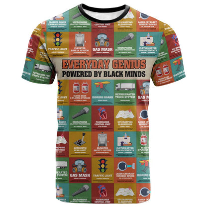 Everyday Genius Powered by Black Minds T shirt with Colorful Invention Icons Pattern - African Pride