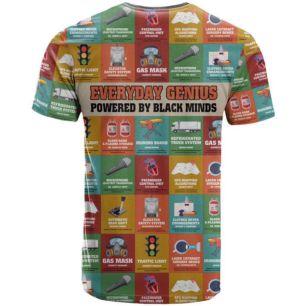 Everyday Genius Powered by Black Minds T shirt with Colorful Invention Icons Pattern - African Pride