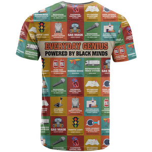 Everyday Genius Powered by Black Minds T shirt with Colorful Invention Icons Pattern - African Pride