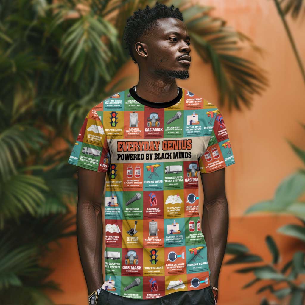 Everyday Genius Powered by Black Minds T shirt with Colorful Invention Icons Pattern - African Pride