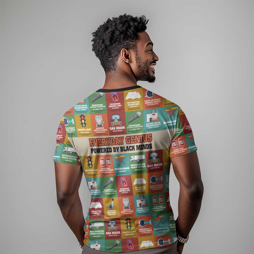 Everyday Genius Powered by Black Minds T shirt with Colorful Invention Icons Pattern - African Pride