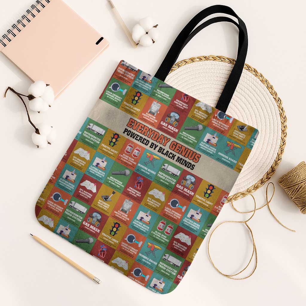 Everyday Genius Powered by Black Minds Tote Bag with Colorful Invention Icons Pattern - African Pride