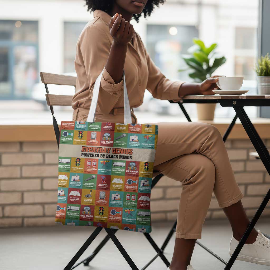 Everyday Genius Powered by Black Minds Tote Bag with Colorful Invention Icons Pattern - African Pride