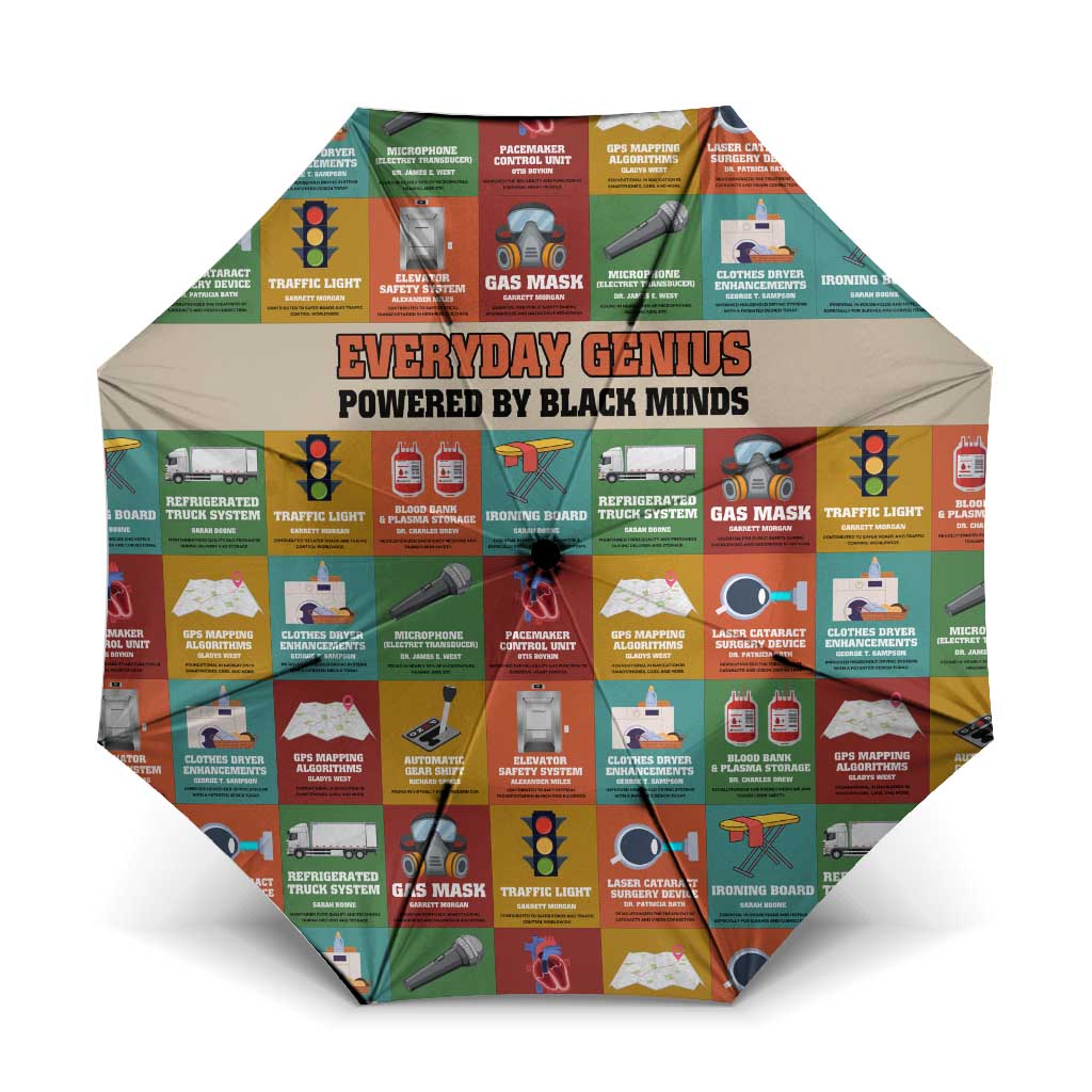 Everyday Genius Powered by Black Minds Umbrella with Colorful Invention Icons Pattern - African Pride