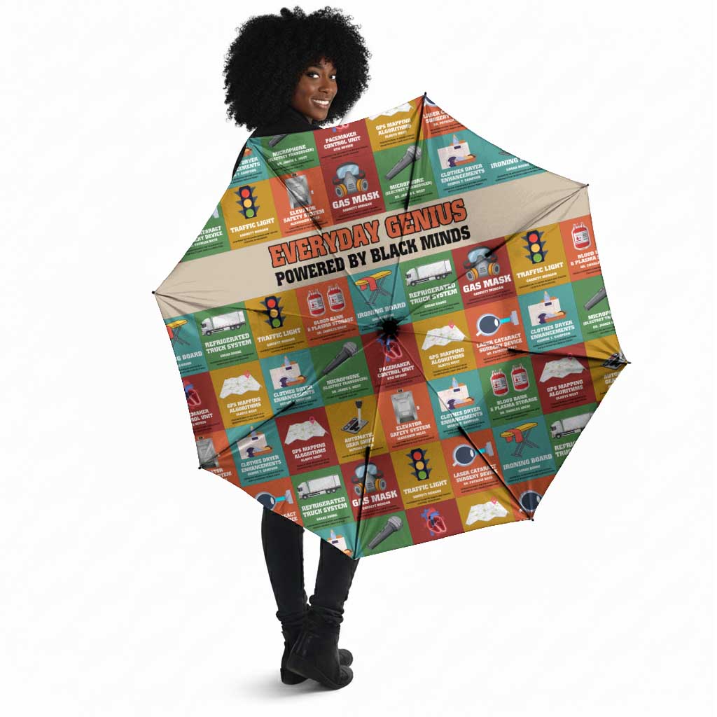 Everyday Genius Powered by Black Minds Umbrella with Colorful Invention Icons Pattern - African Pride