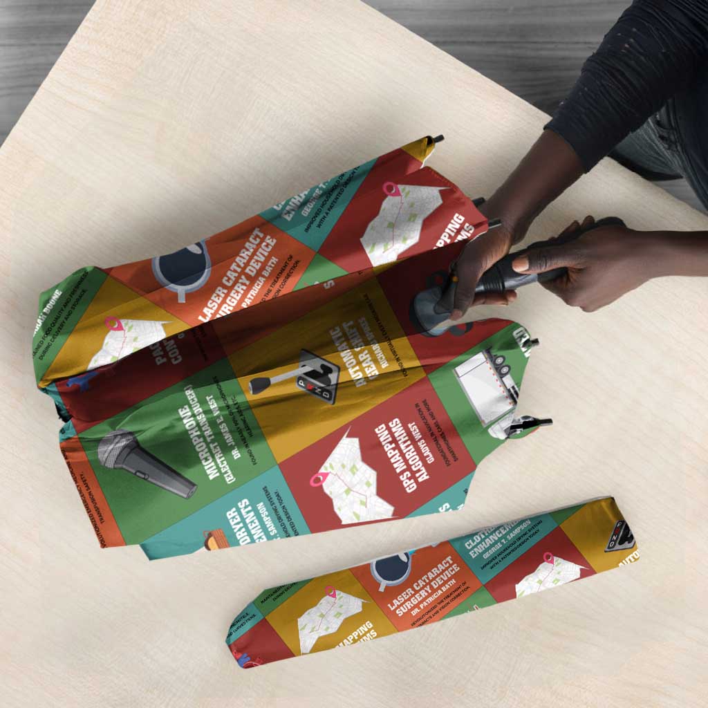 Everyday Genius Powered by Black Minds Umbrella with Colorful Invention Icons Pattern - African Pride