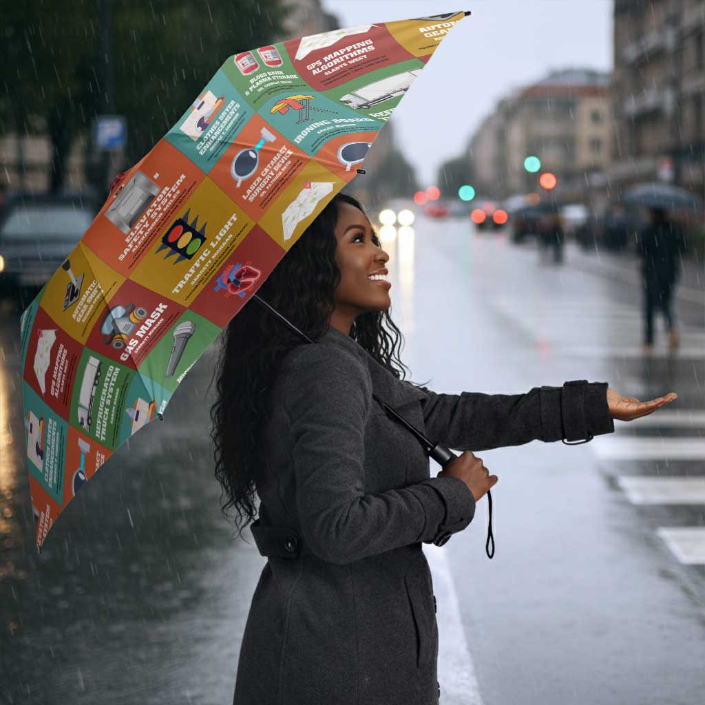 Everyday Genius Powered by Black Minds Umbrella with Colorful Invention Icons Pattern - African Pride