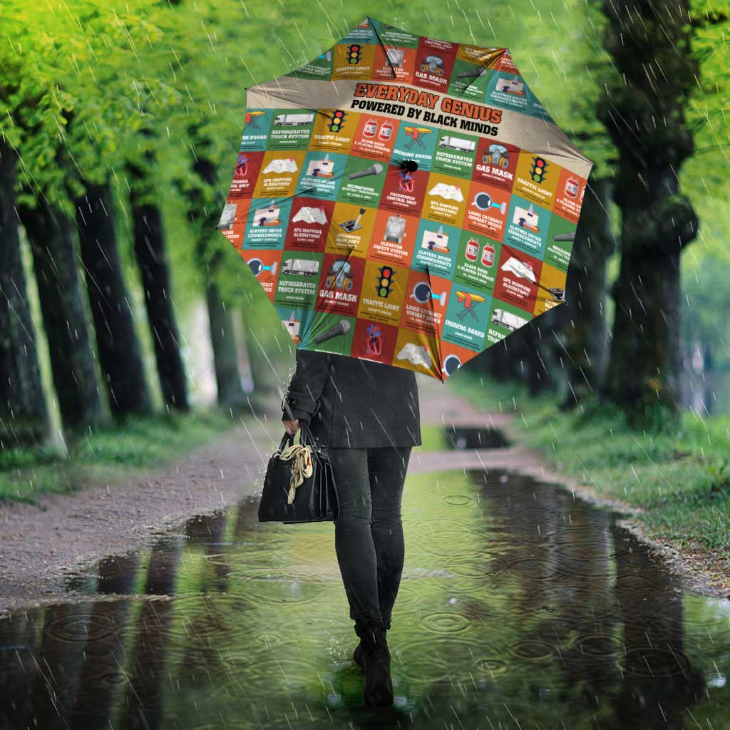 Everyday Genius Powered by Black Minds Umbrella with Colorful Invention Icons Pattern - African Pride
