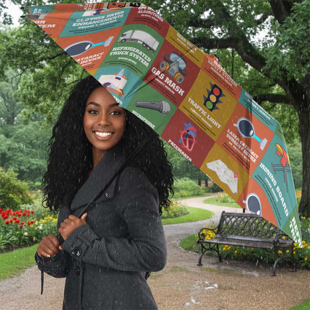 Everyday Genius Powered by Black Minds Umbrella with Colorful Invention Icons Pattern - African Pride