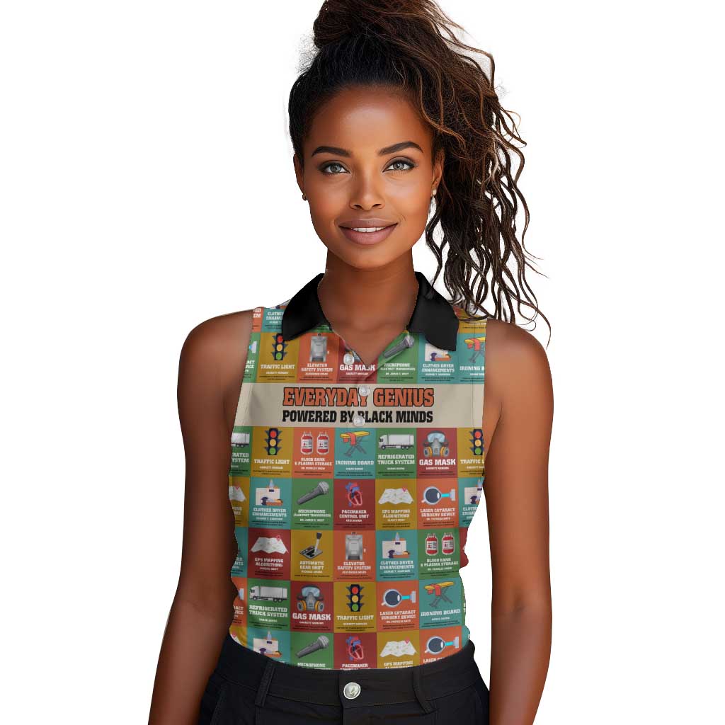 Everyday Genius Powered by Black Minds Women Sleeveless Polo Shirt with Colorful Invention Icons Pattern - African Pride