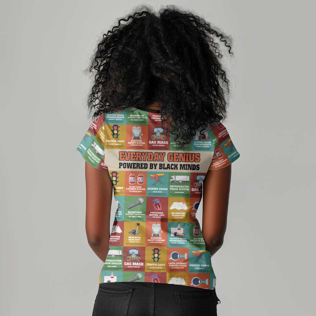 Everyday Genius Powered by Black Minds Women V-Neck T-Shirt with Colorful Invention Icons Pattern - African Pride