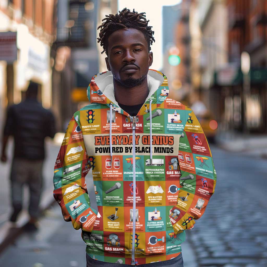 Everyday Genius Powered by Black Minds Zip Hoodie with Colorful Invention Icons Pattern - African Pride