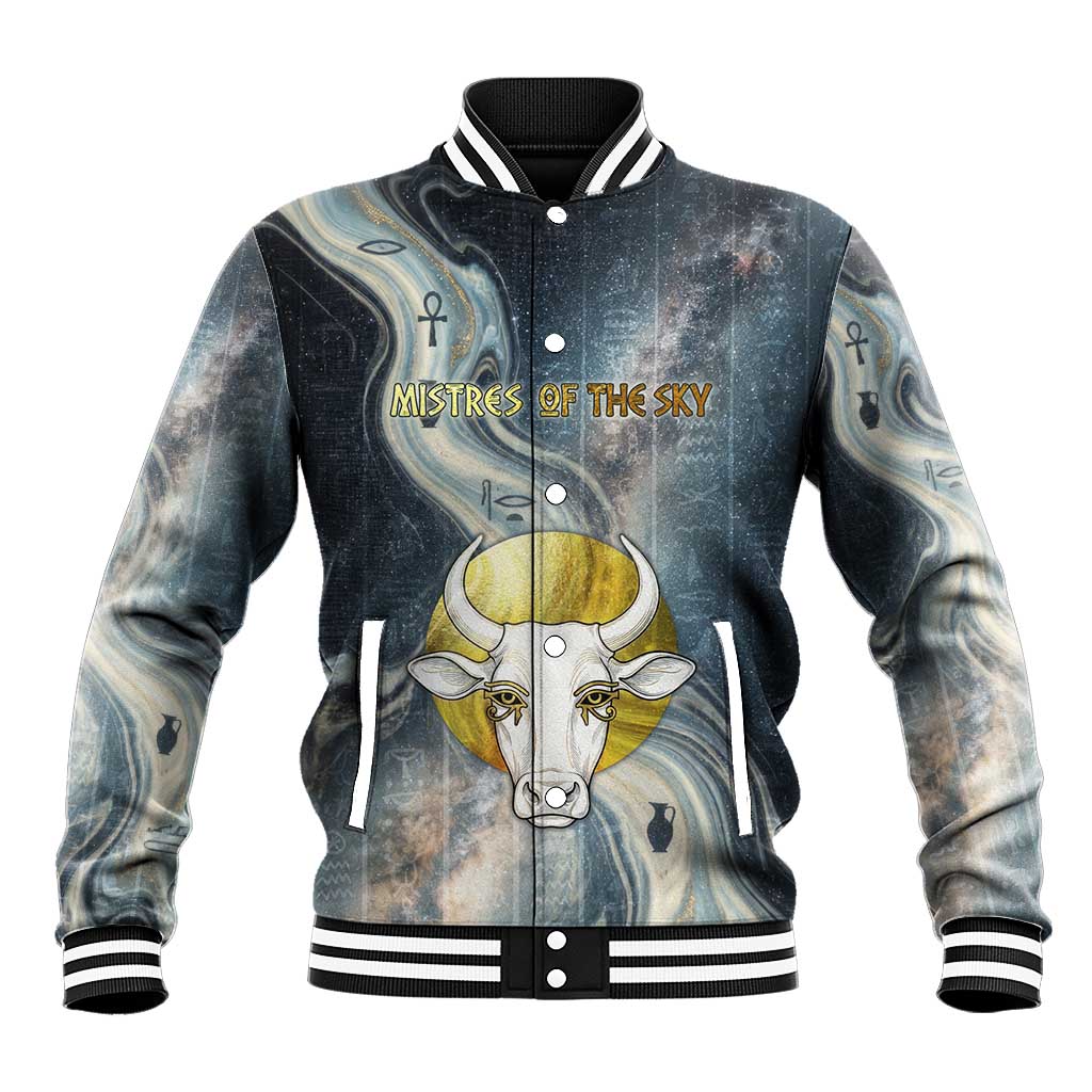 Hesat Celestial Cow Egyptian Baseball Jacket with Mythic Sky Motif in Cosmic Theme