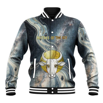 Hesat Celestial Cow Egyptian Baseball Jacket with Mythic Sky Motif in Cosmic Theme