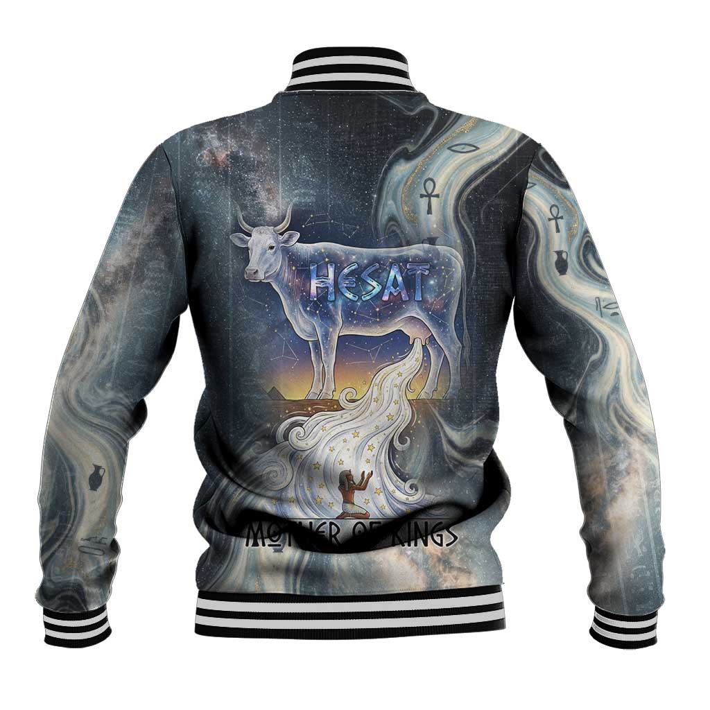 Hesat Celestial Cow Egyptian Baseball Jacket with Mythic Sky Motif in Cosmic Theme