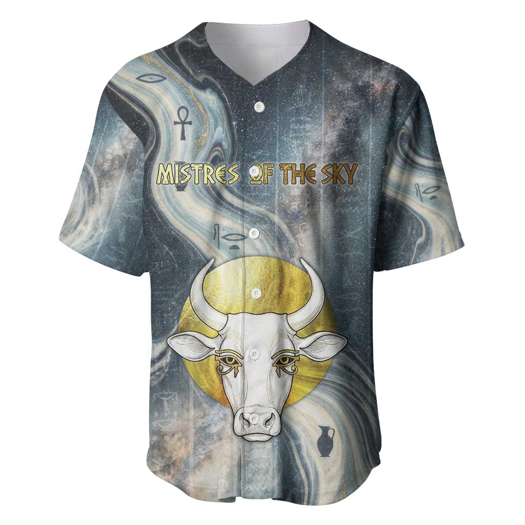 Hesat Celestial Cow Egyptian Baseball Jersey with Mythic Sky Motif in Cosmic Theme